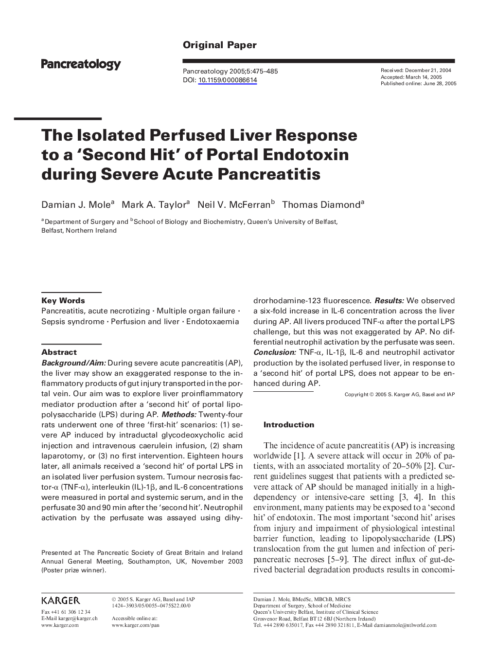 The isolated perfused liver response to a âsecond hit' of portal endotoxin during severe acute pancreatitis