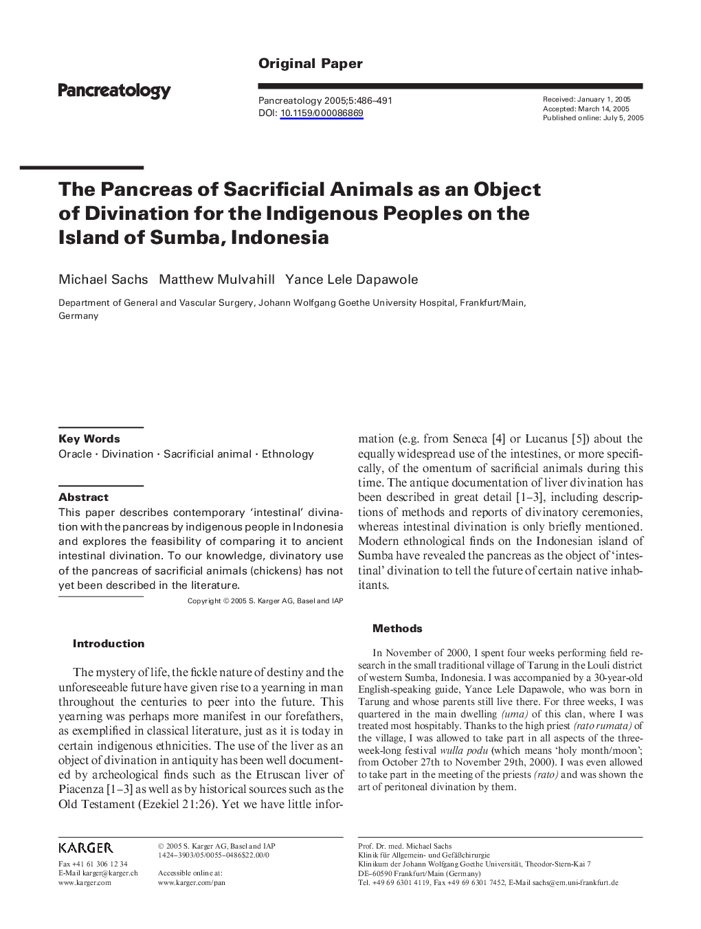 The pancreas of sacrificial animals as an object of divination for the indigenous peoples on The Island of Sumba, Indonesia