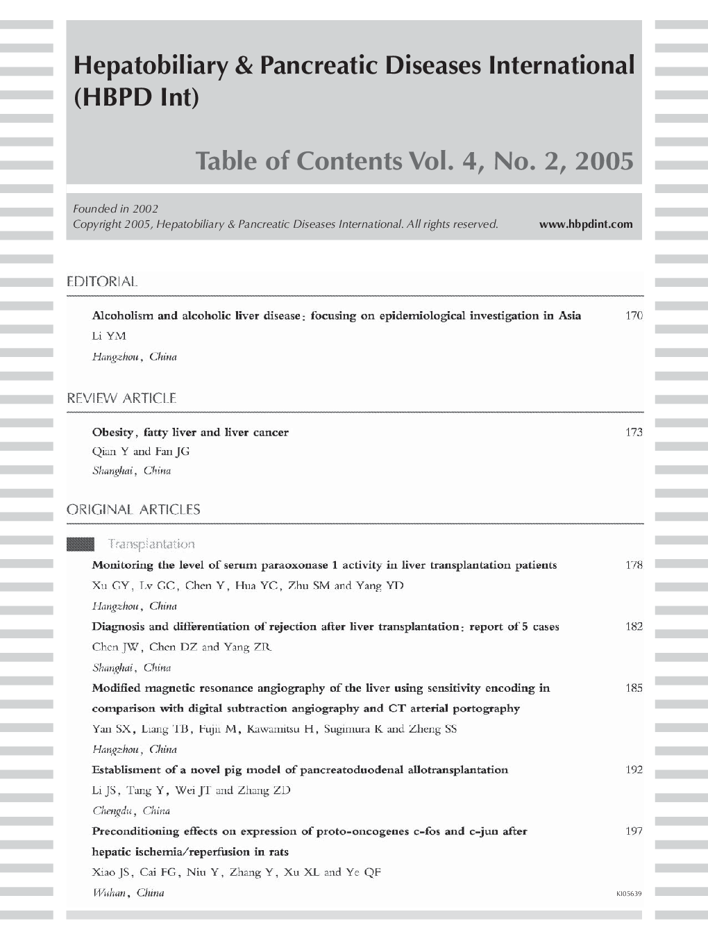 HBPD Int: Table of Contents Vol. 4, No. 2, 2005