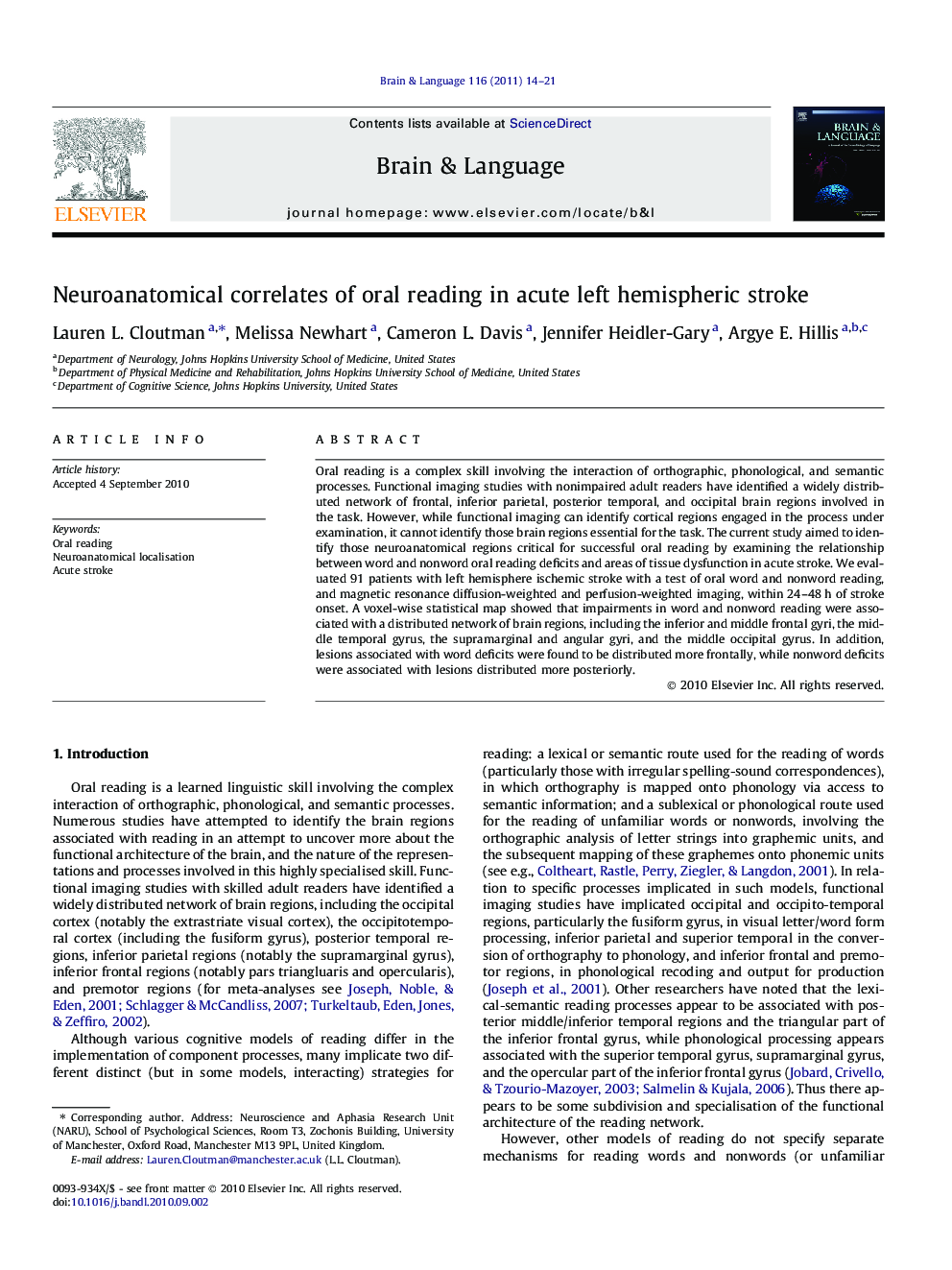 Neuroanatomical correlates of oral reading in acute left hemispheric stroke