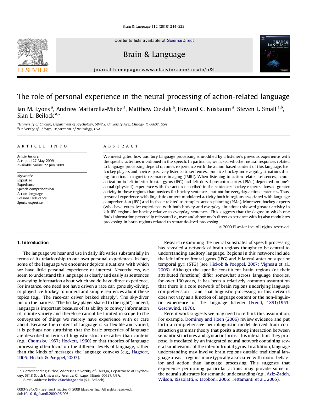 The role of personal experience in the neural processing of action-related language