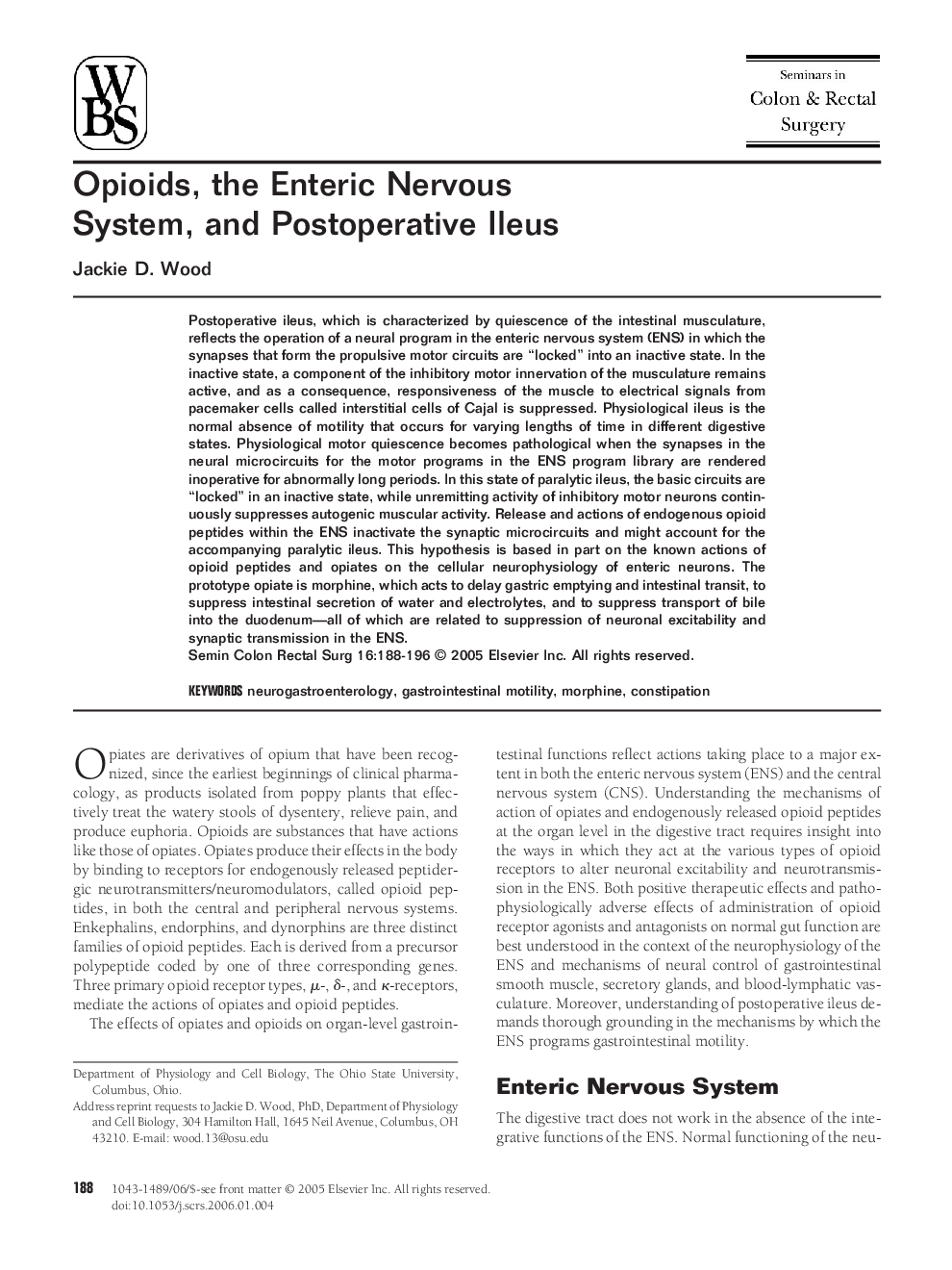 Opioids, the Enteric Nervous System, and Postoperative Ileus