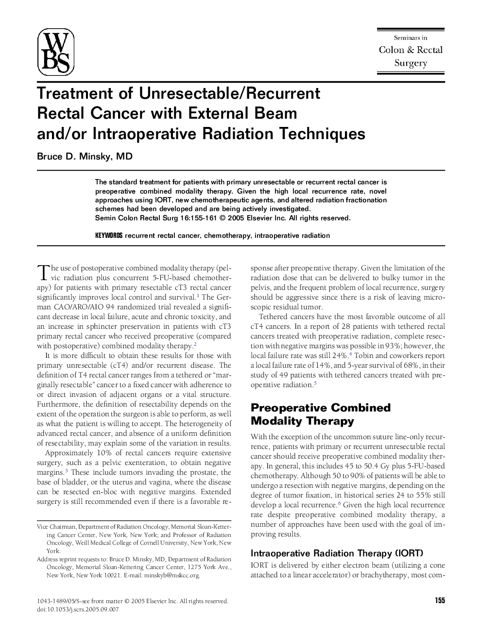 Treatment of Unresectable/Recurrent Rectal Cancer with External Beam and/or Intraoperative Radiation Techniques