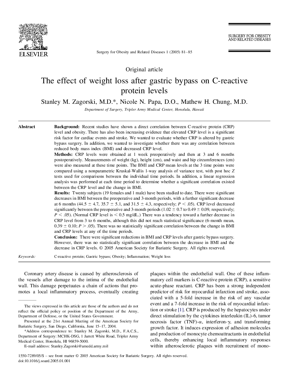 عکس صفحه اول مقاله: The effect of weight loss after gastric bypass on C-reactive protein levels The effect of weight loss after gastric bypass on C-reactive protein levels