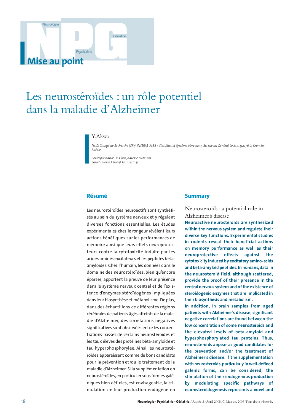 Les neurostéroïdes : un rÃ´le potentiel dans la maladie d'Alzheimer