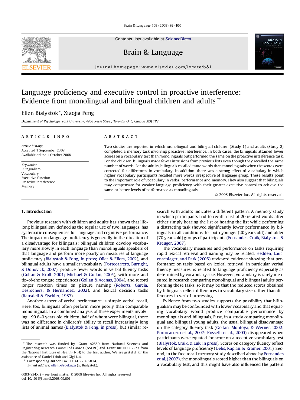 Language proficiency and executive control in proactive interference: Evidence from monolingual and bilingual children and adults 