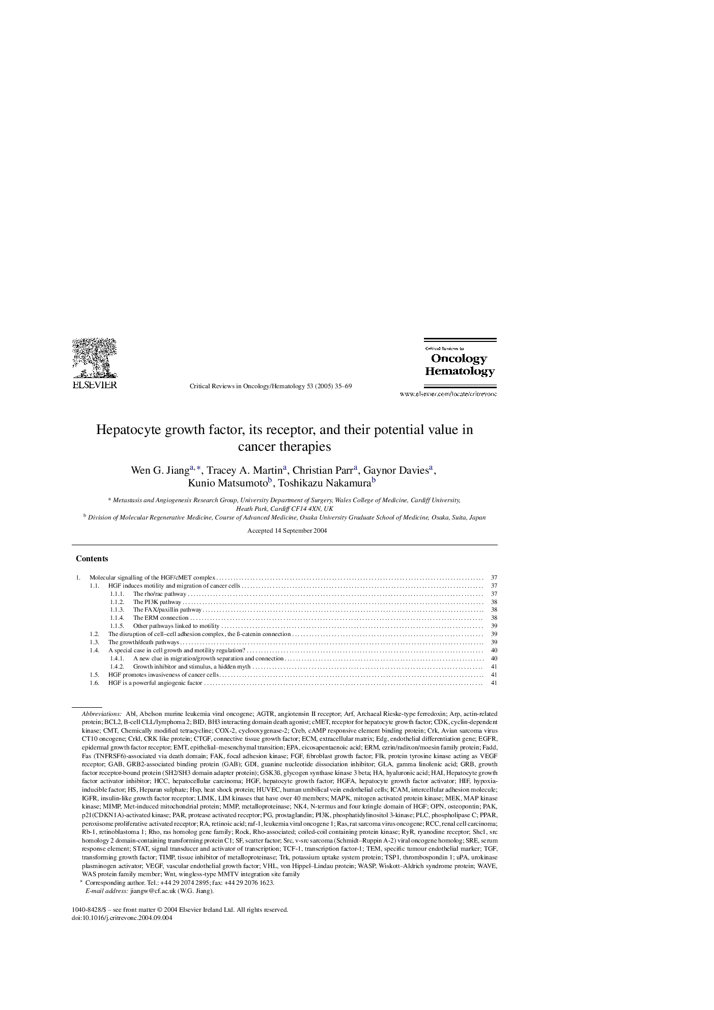 Hepatocyte growth factor, its receptor, and their potential value in cancer therapies