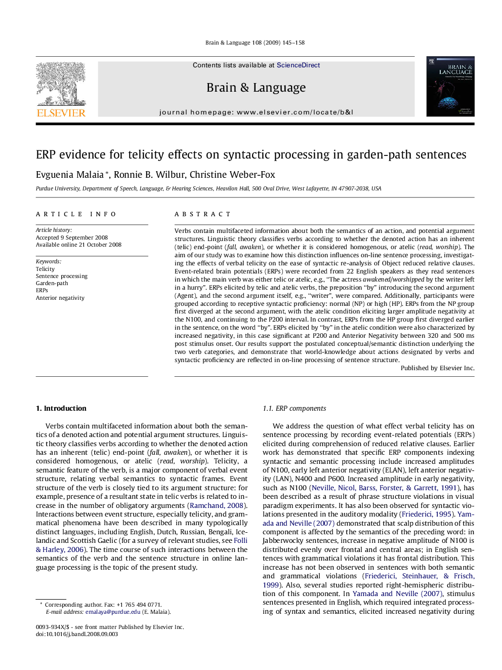 ERP evidence for telicity effects on syntactic processing in garden-path sentences