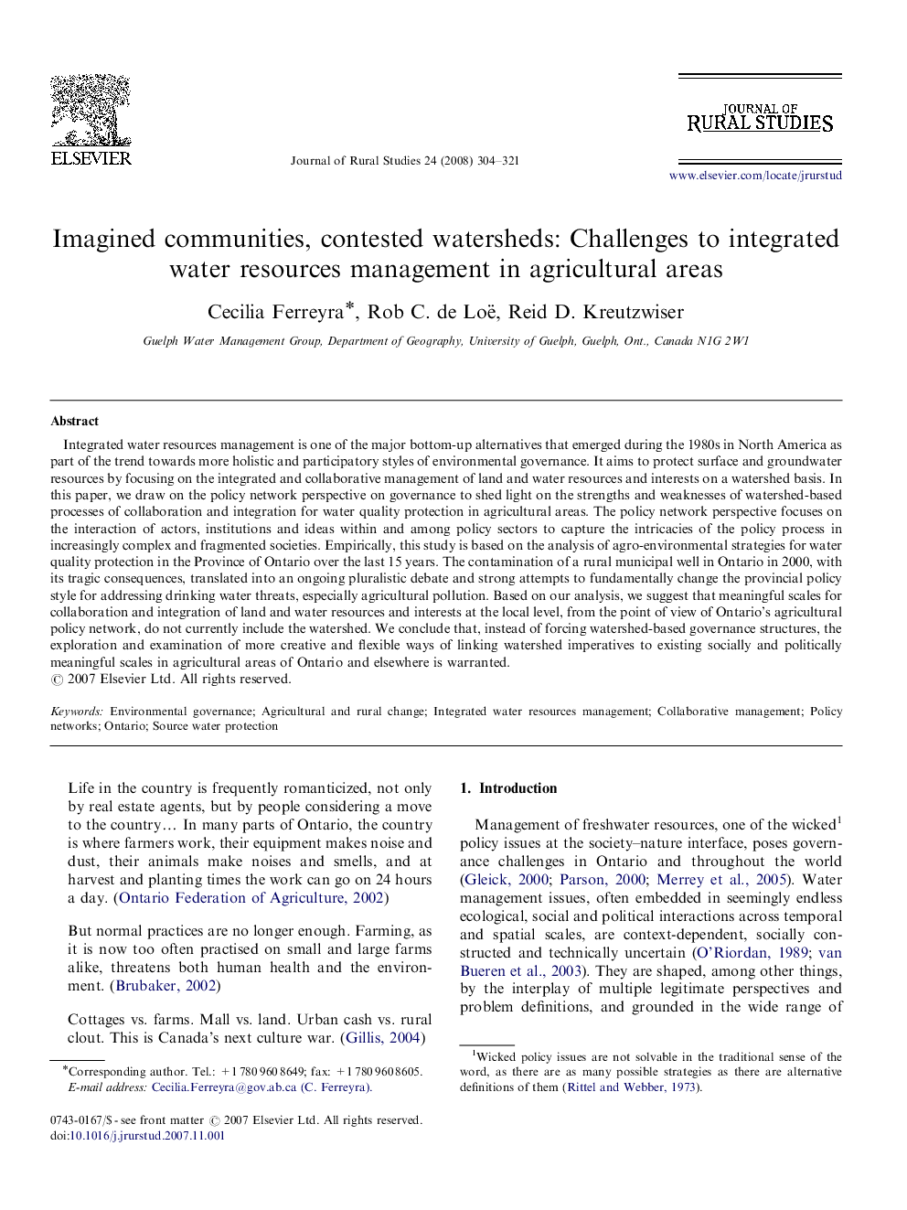 Imagined communities, contested watersheds: Challenges to integrated water resources management in agricultural areas