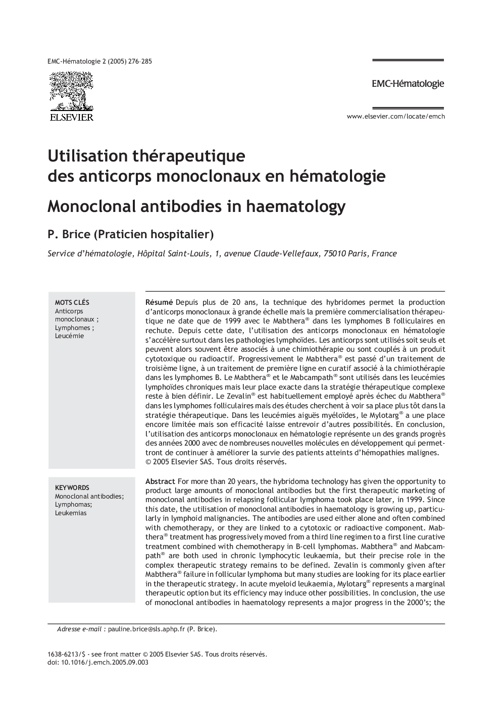 Utilisation thérapeutique des anticorps monoclonaux en hématologie