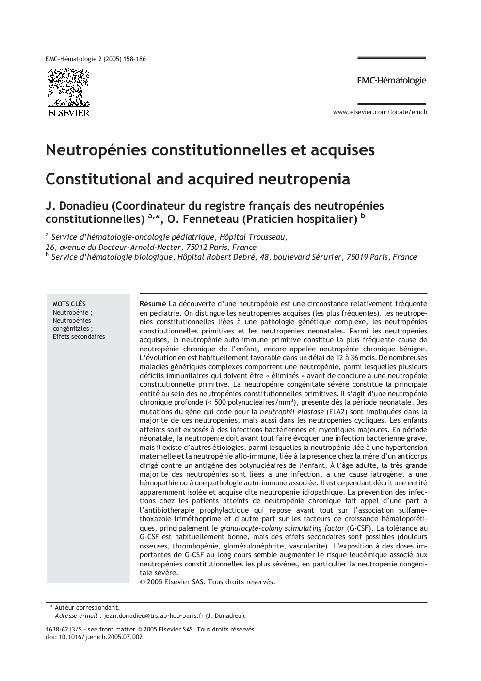 Neutropénies constitutionnelles et acquises