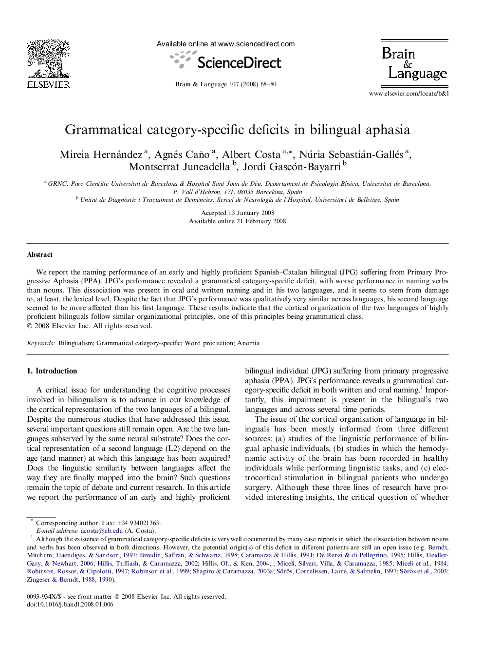 Grammatical category-specific deficits in bilingual aphasia