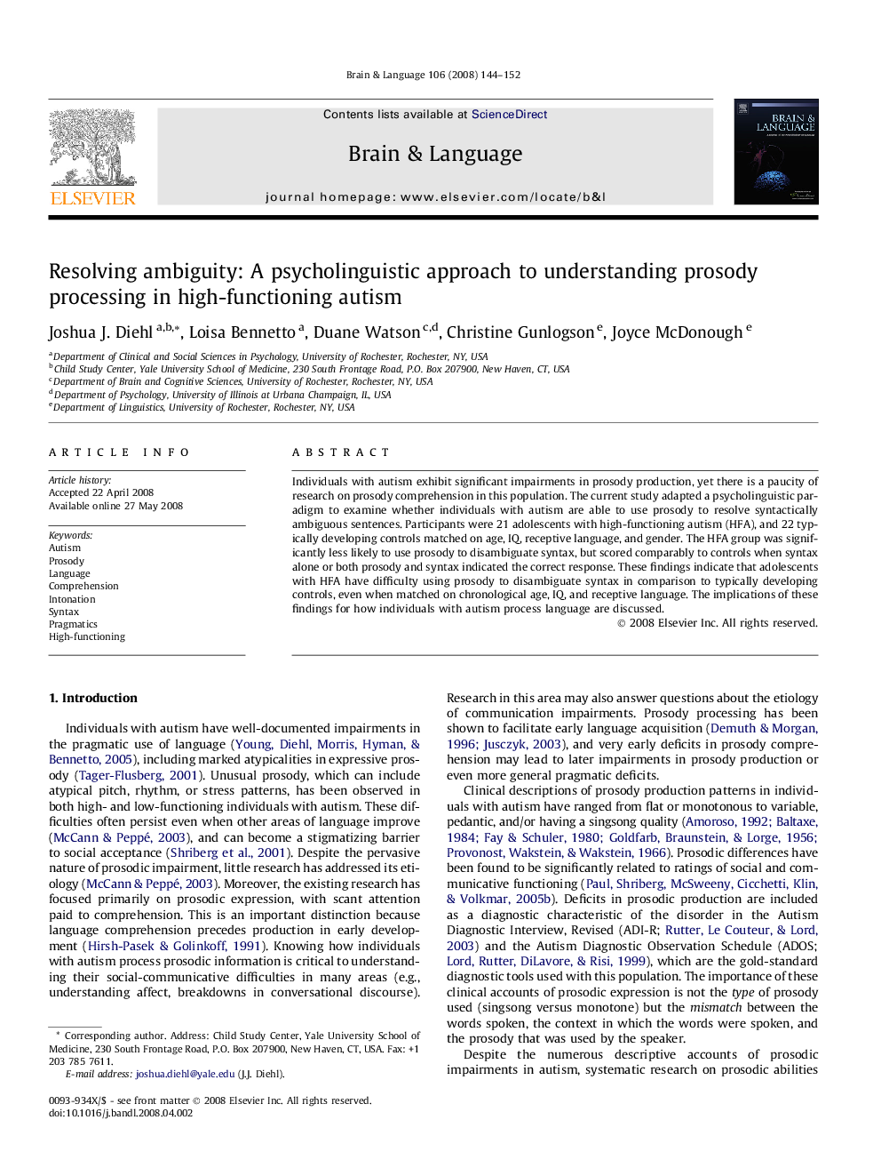 Resolving ambiguity: A psycholinguistic approach to understanding prosody processing in high-functioning autism