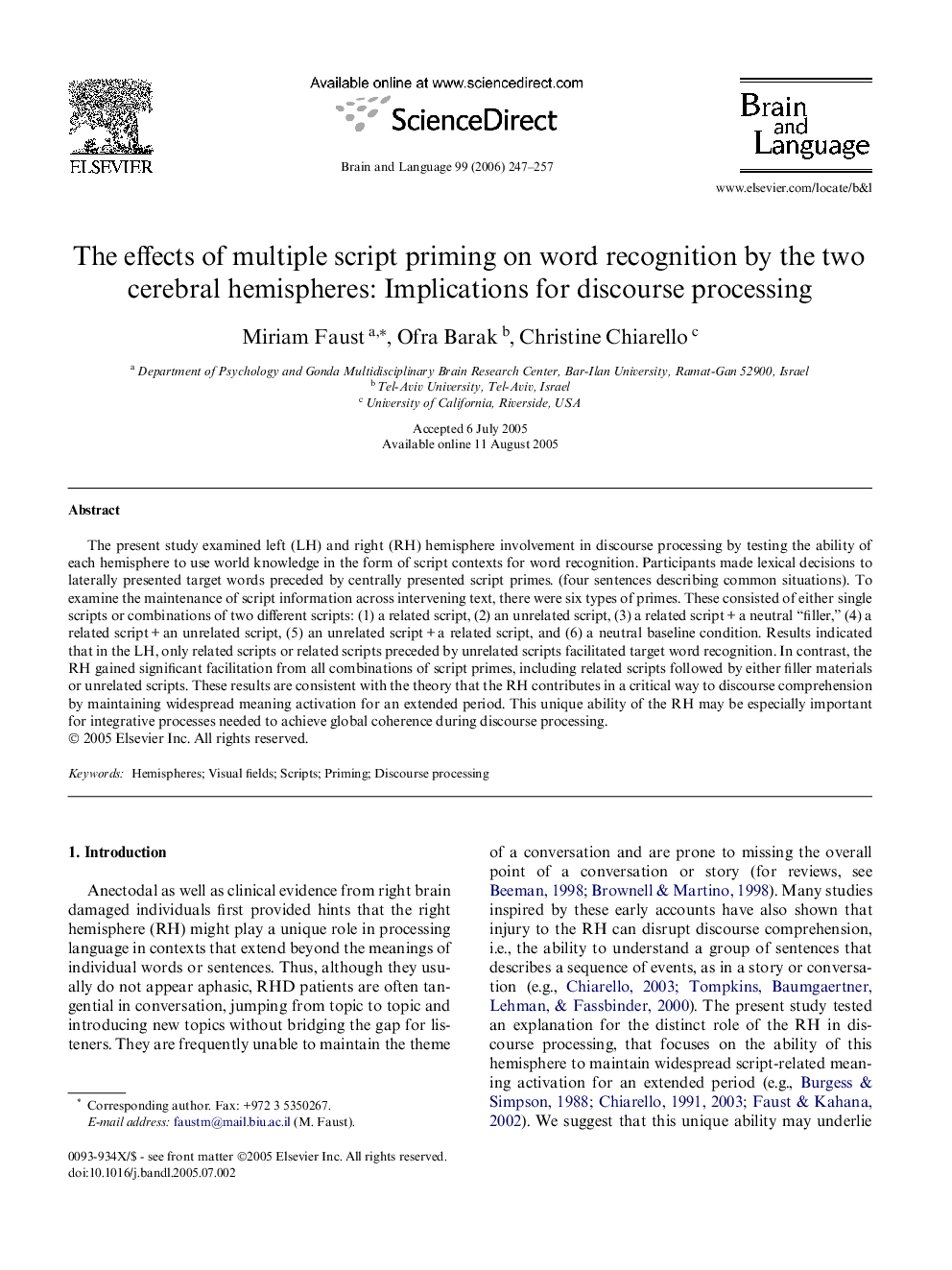 The effects of multiple script priming on word recognition by the two cerebral hemispheres: Implications for discourse processing