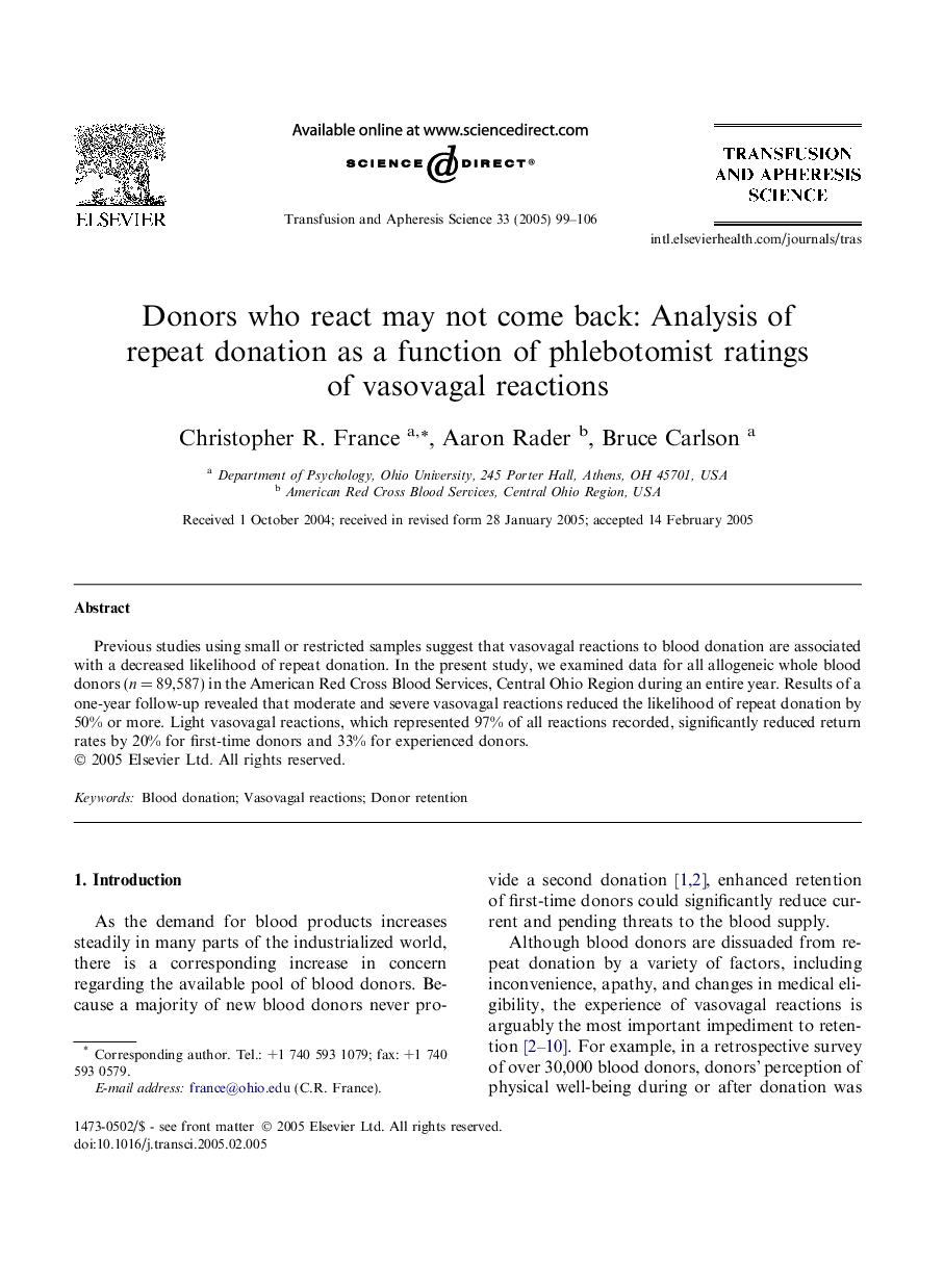 Donors who react may not come back: Analysis of repeat donation as a function of phlebotomist ratings of vasovagal reactions