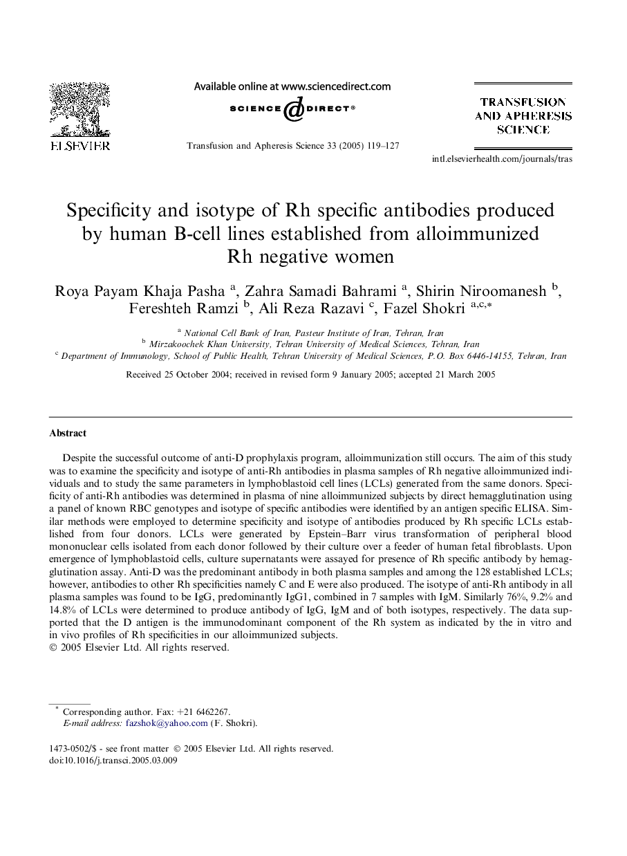 Specificity and isotype of Rh specific antibodies produced by human B-cell lines established from alloimmunized Rh negative women