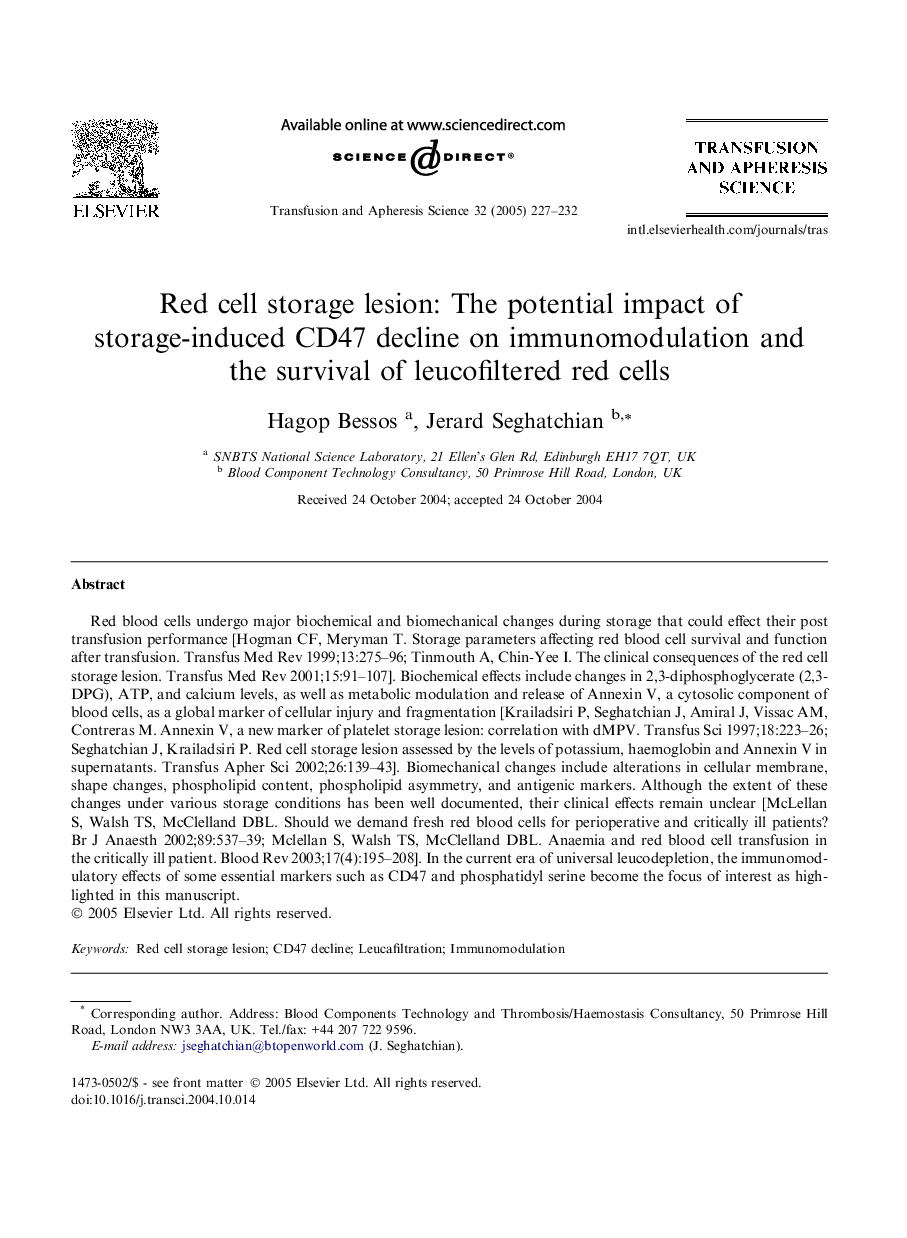 Red cell storage lesion: The potential impact of storage-induced CD47 decline on immunomodulation and the survival of leucofiltered red cells