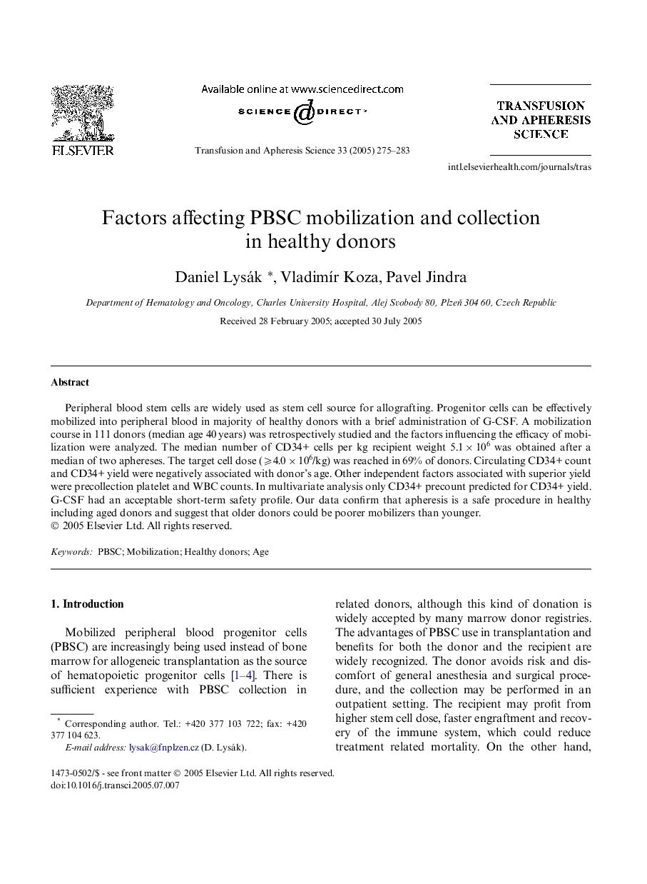 Factors affecting PBSC mobilization and collection in healthy donors