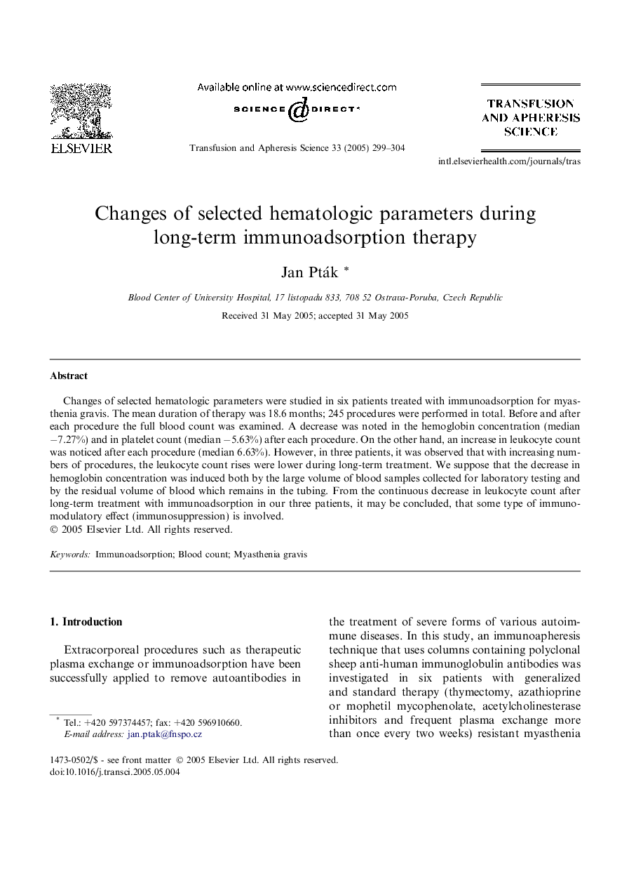 Changes of selected hematologic parameters during long-term immunoadsorption therapy