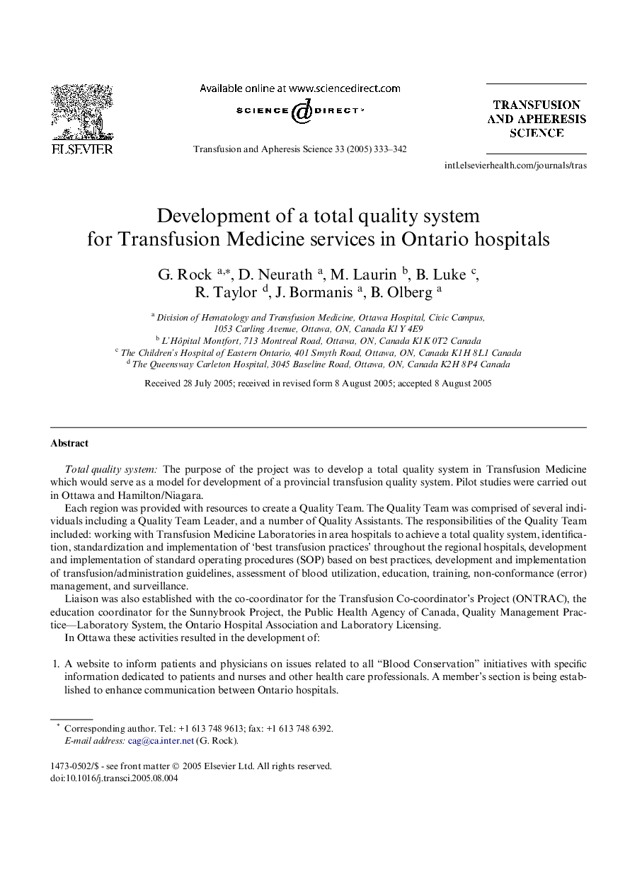 Development of a total quality system for Transfusion Medicine services in Ontario hospitals