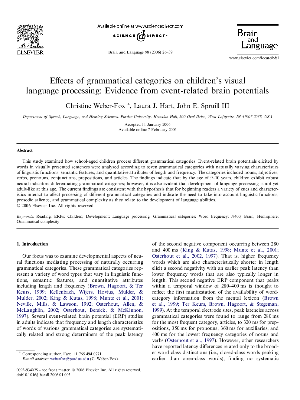 Effects of grammatical categories on children’s visual language processing: Evidence from event-related brain potentials