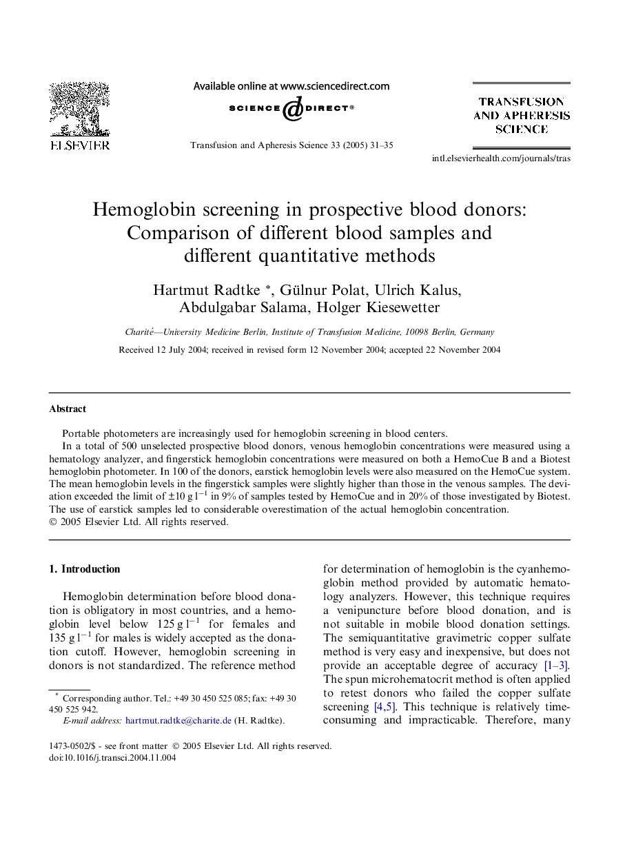 Hemoglobin screening in prospective blood donors: Comparison of different blood samples and different quantitative methods