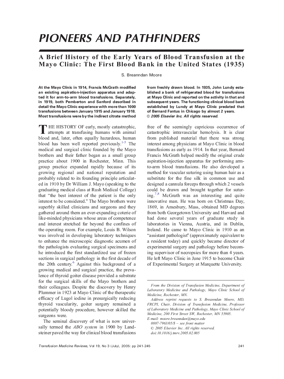 A Brief History of the Early Years of Blood Transfusion at the Mayo Clinic: The First Blood Bank in the United States (1935)