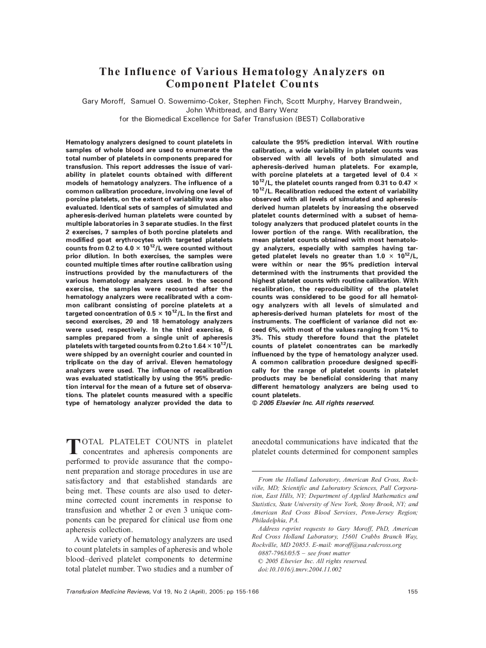 The Influence of Various Hematology Analyzers on Component Platelet Counts