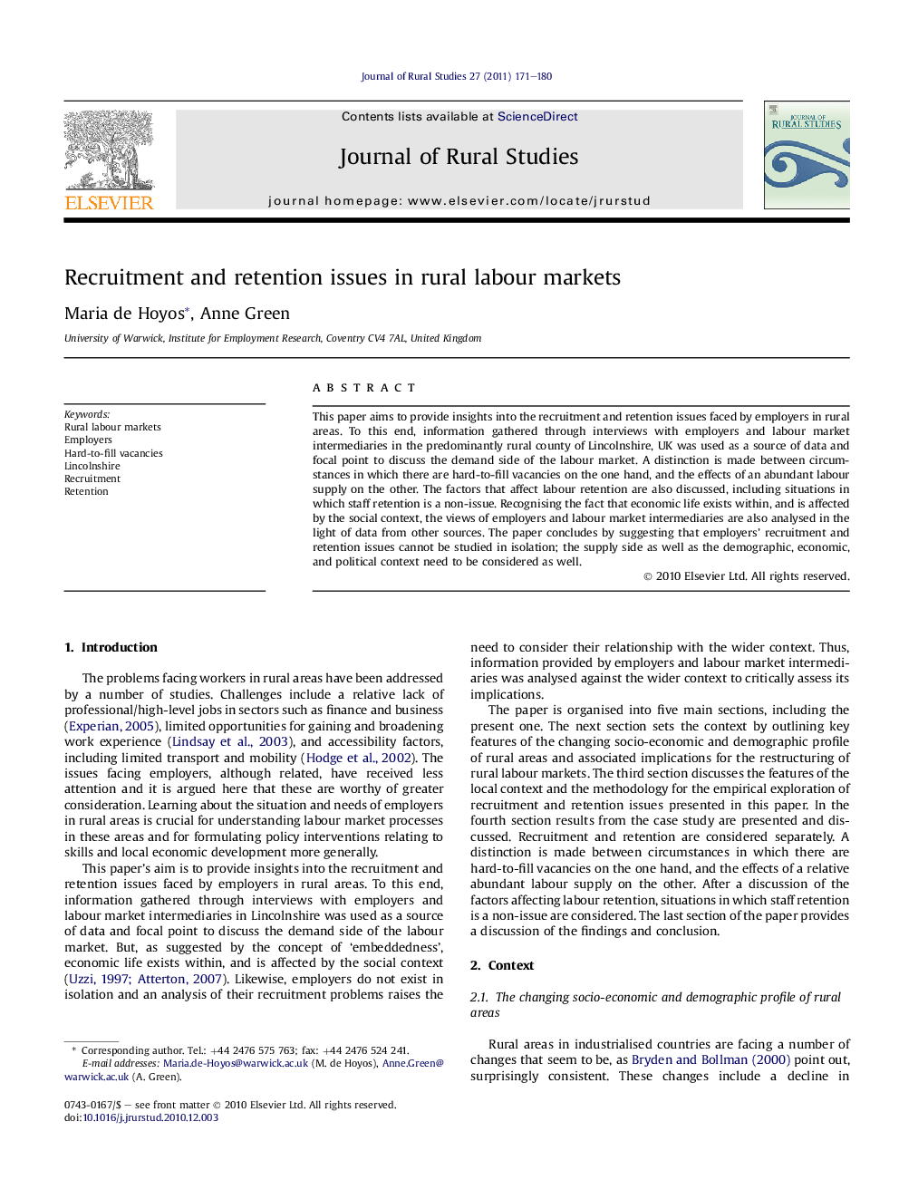 Recruitment and retention issues in rural labour markets