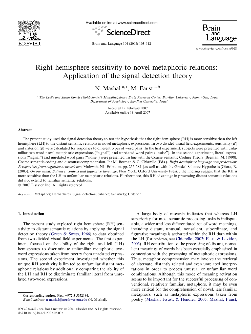 Right hemisphere sensitivity to novel metaphoric relations: Application of the signal detection theory