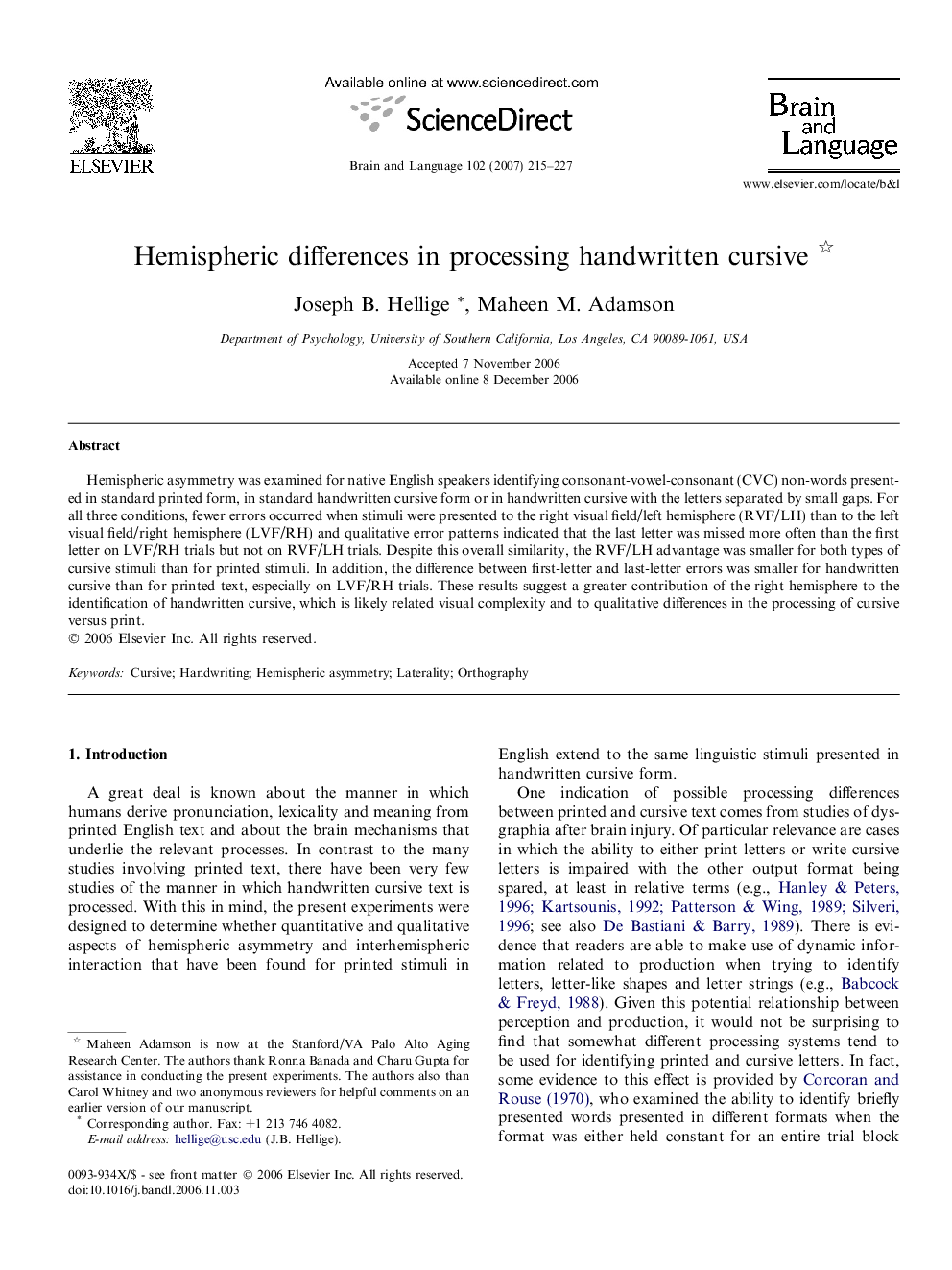 Hemispheric differences in processing handwritten cursive 