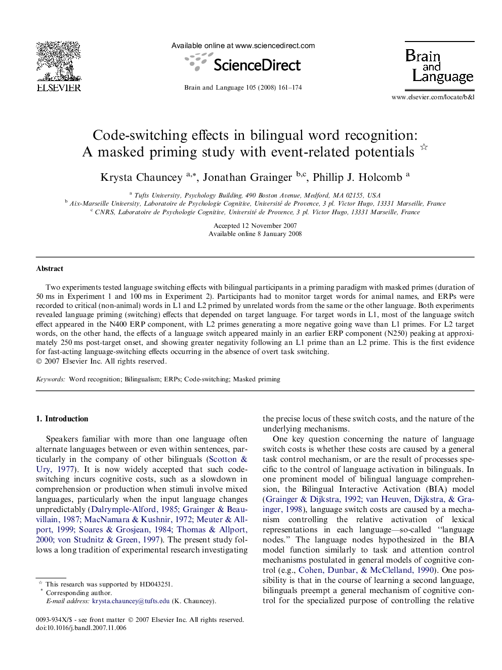 Code-switching effects in bilingual word recognition: A masked priming study with event-related potentials 