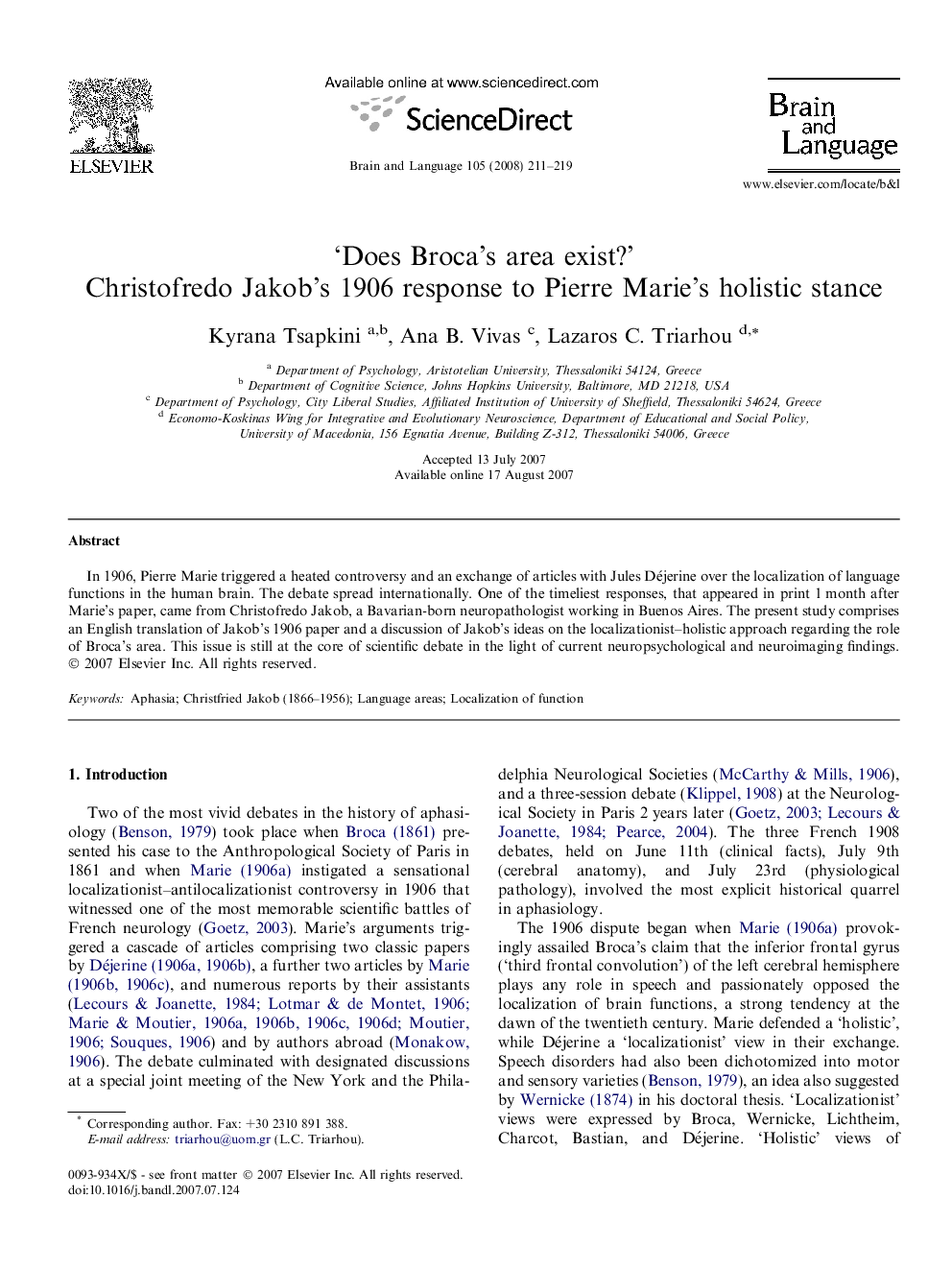 ‘Does Broca’s area exist?’: Christofredo Jakob’s 1906 response to Pierre Marie’s holistic stance