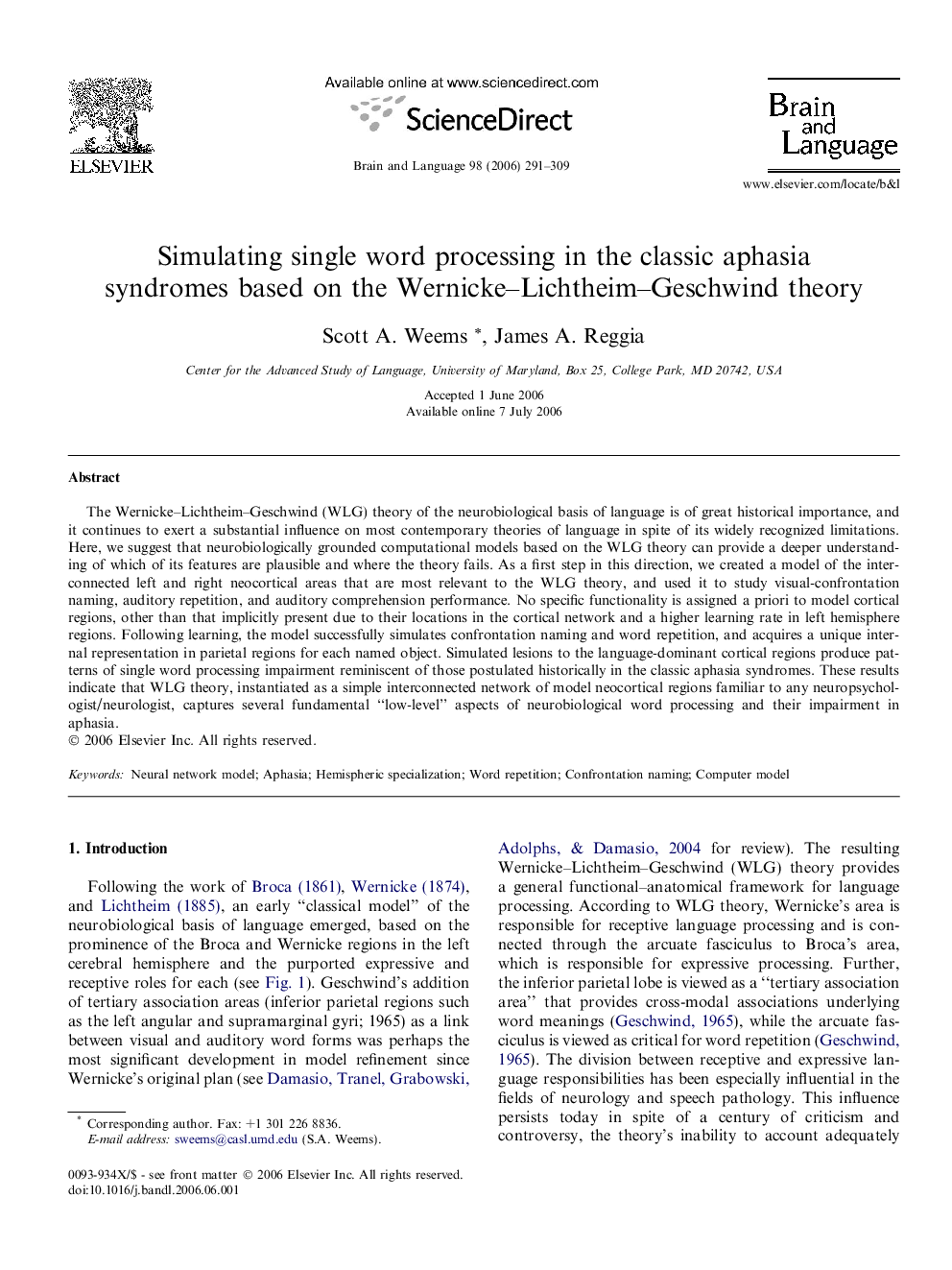 عکس صفحه اول مقاله: Simulating single word processing in the classic aphasia syndromes based on the Wernicke–Lichtheim–Geschwind theory Simulating single word processing in the classic aphasia syndromes based on the Wernicke–Lichtheim–Geschwind theory