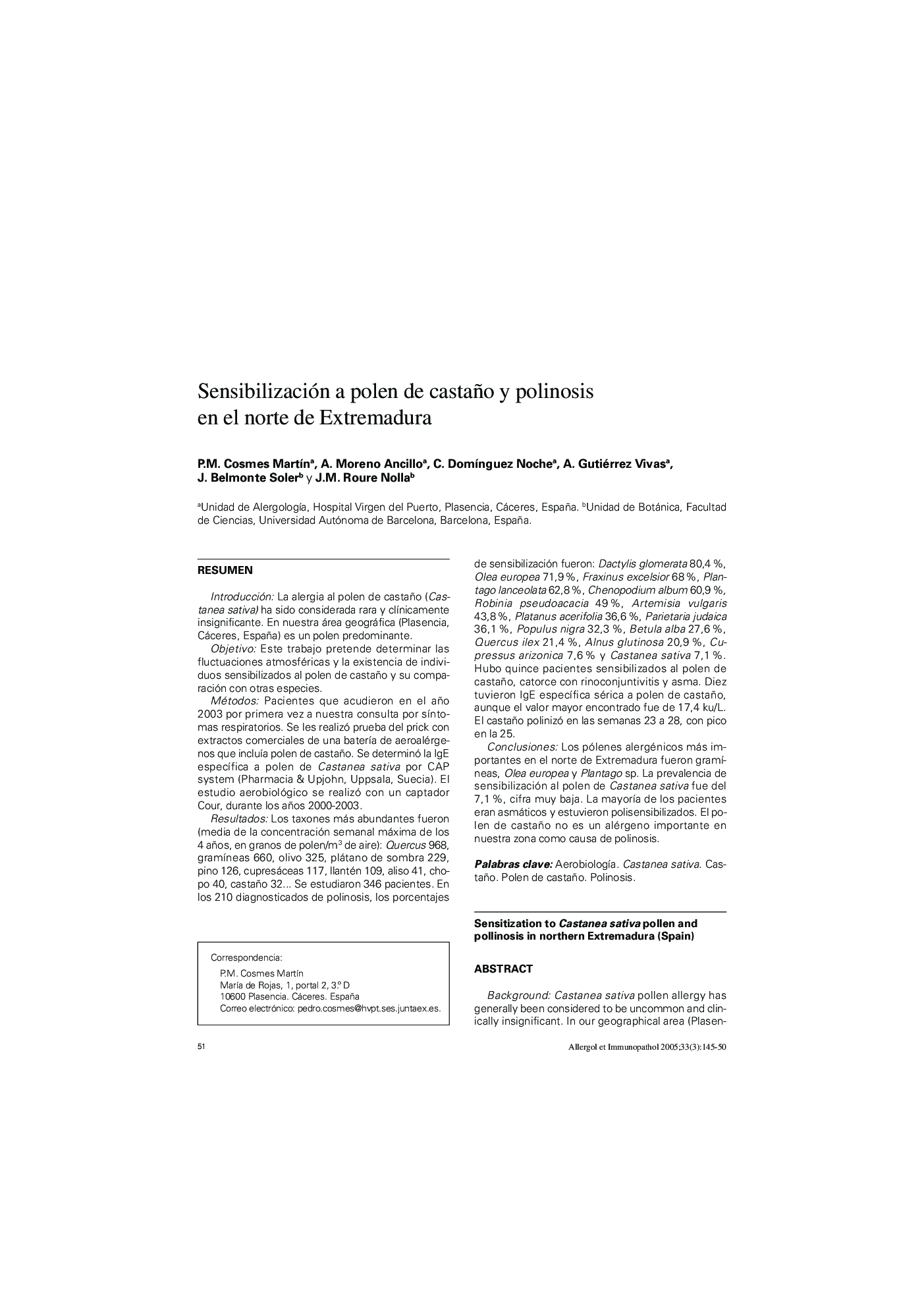 Sensibilización a polen de castaño y polinosis en el norte de Extremadura