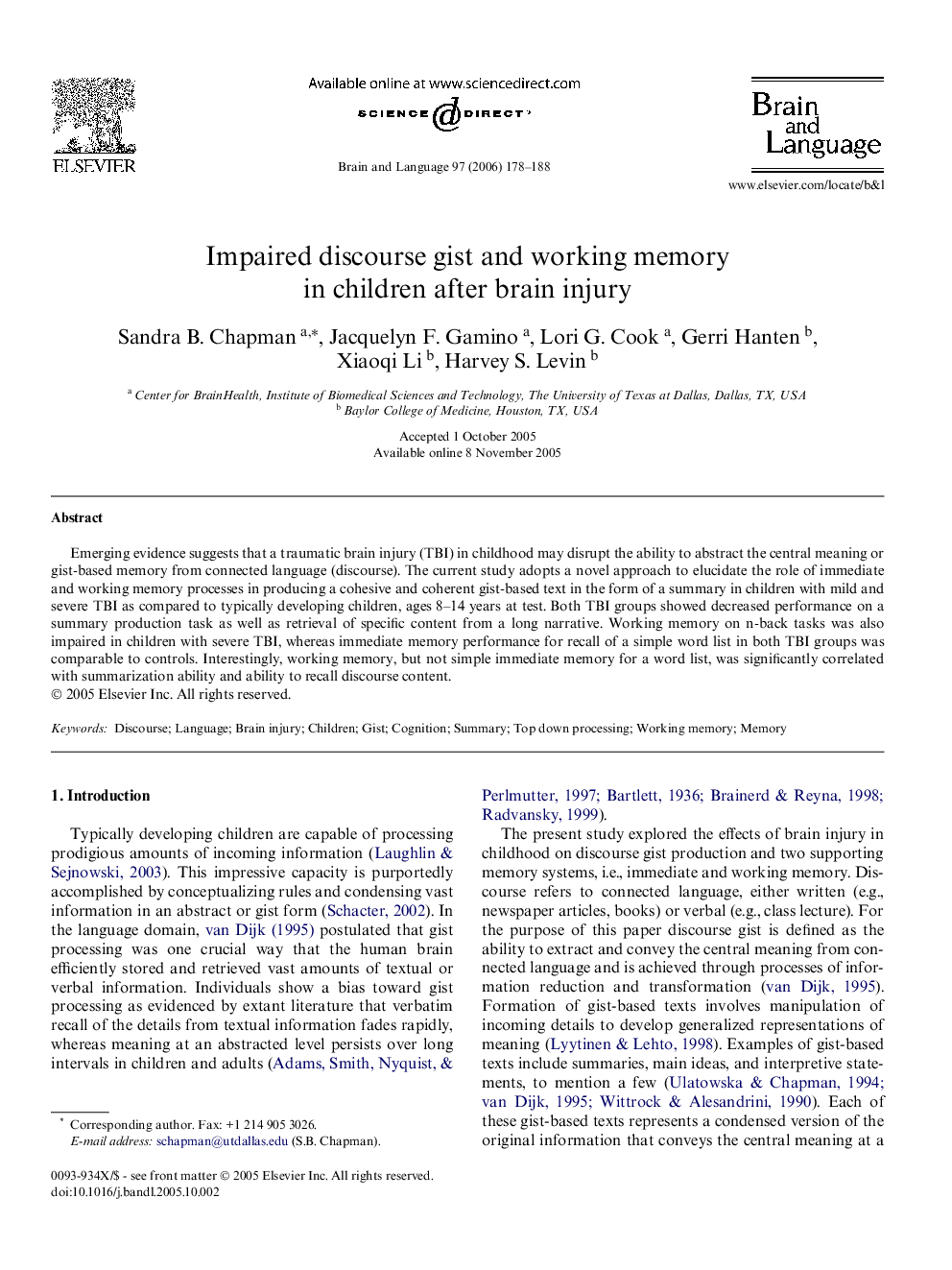 Impaired discourse gist and working memory in children after brain injury