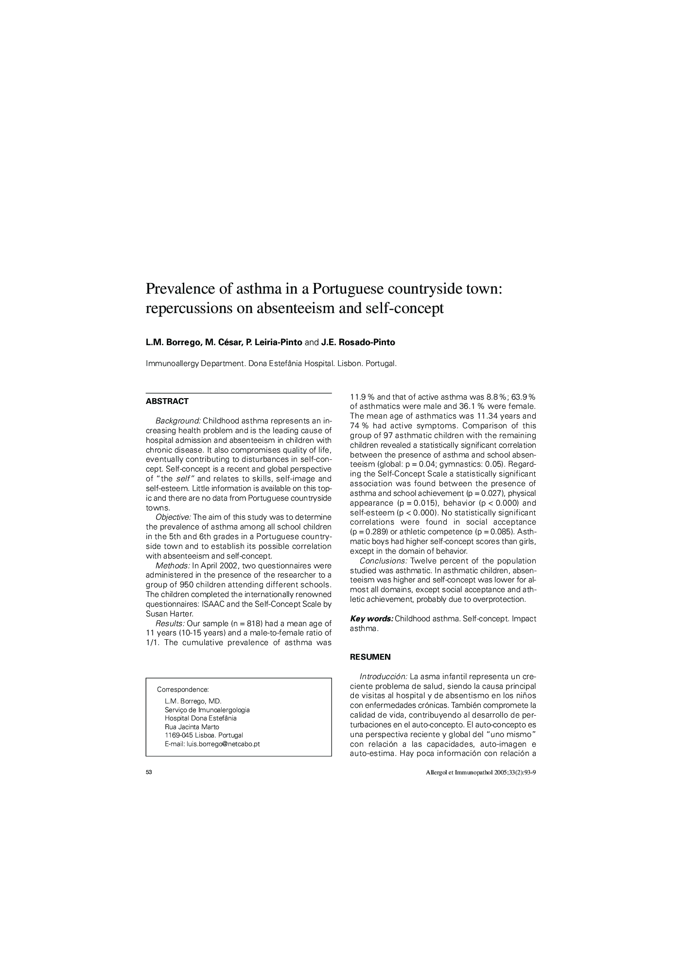 Prevalence of asthma in a Portuguese countryside town: repercussions on absenteeism and self-concept