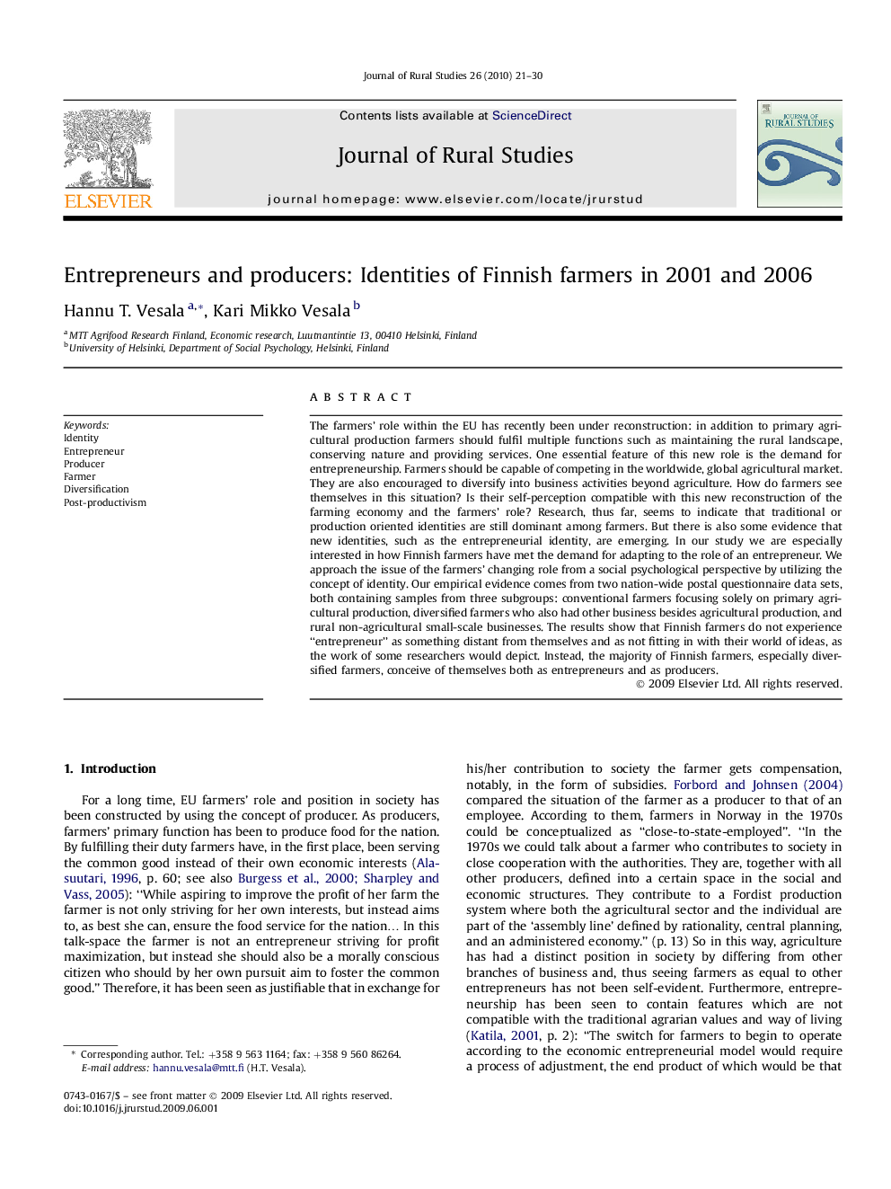 Entrepreneurs and producers: Identities of Finnish farmers in 2001 and 2006