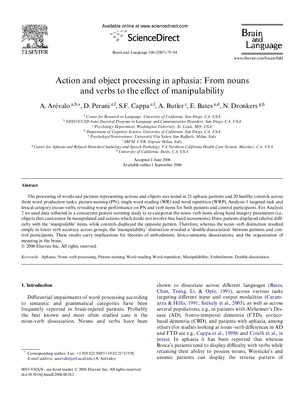 عکس صفحه اول مقاله: Action and object processing in aphasia: From nouns and verbs to the effect of manipulability Action and object processing in aphasia: From nouns and verbs to the effect of manipulability