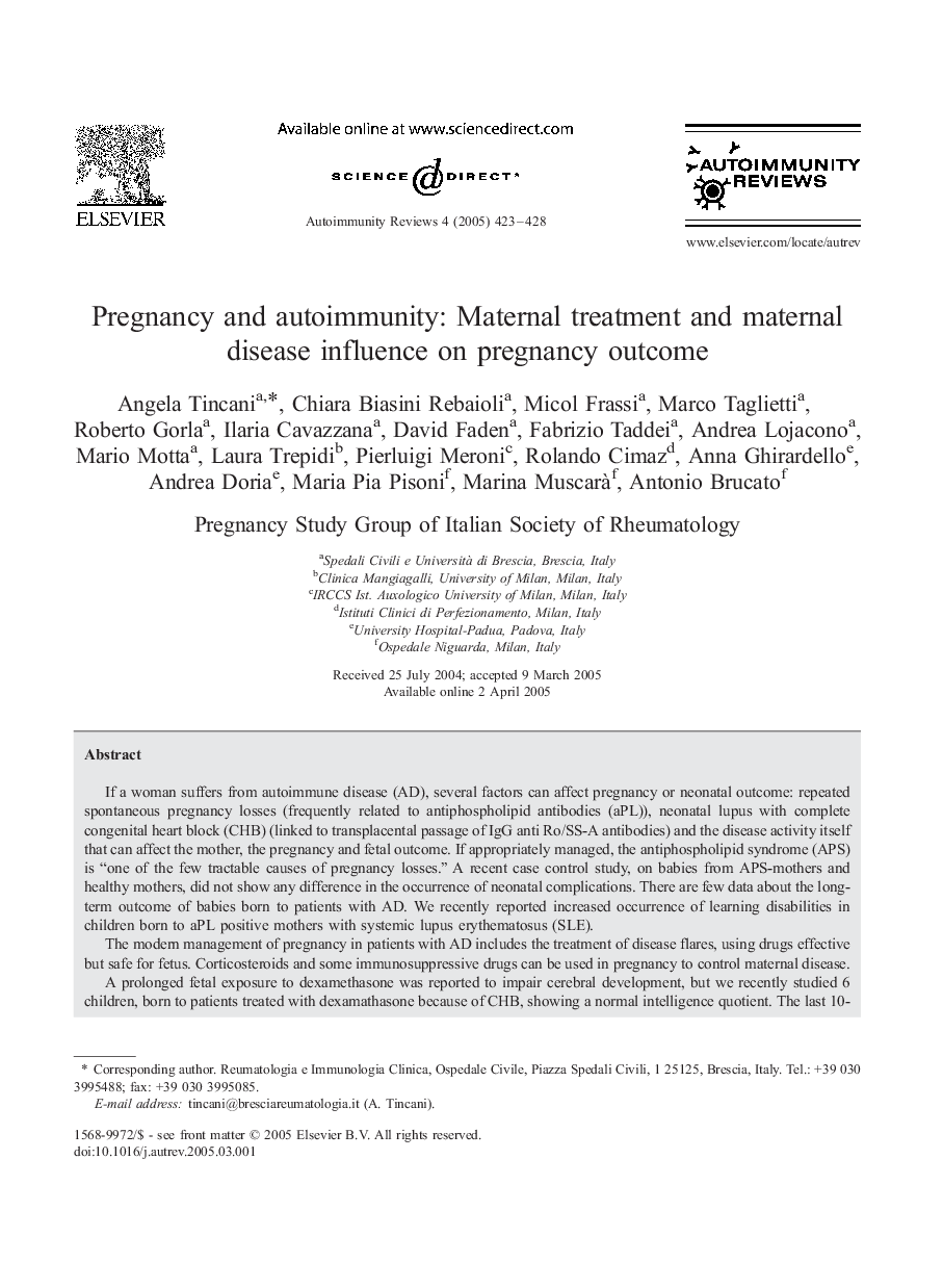 Pregnancy and autoimmunity: Maternal treatment and maternal disease influence on pregnancy outcome