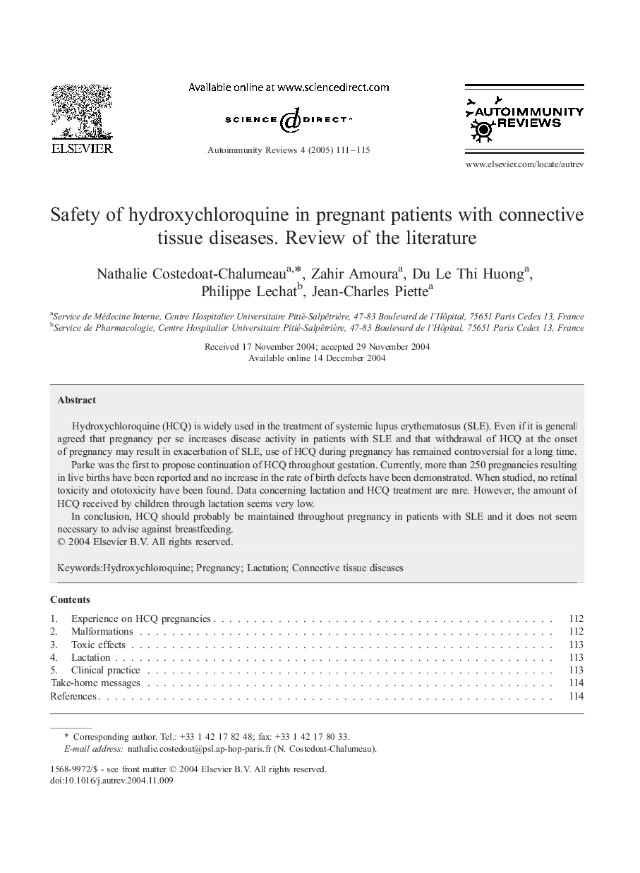 Safety of hydroxychloroquine in pregnant patients with connective tissue diseases. Review of the literature