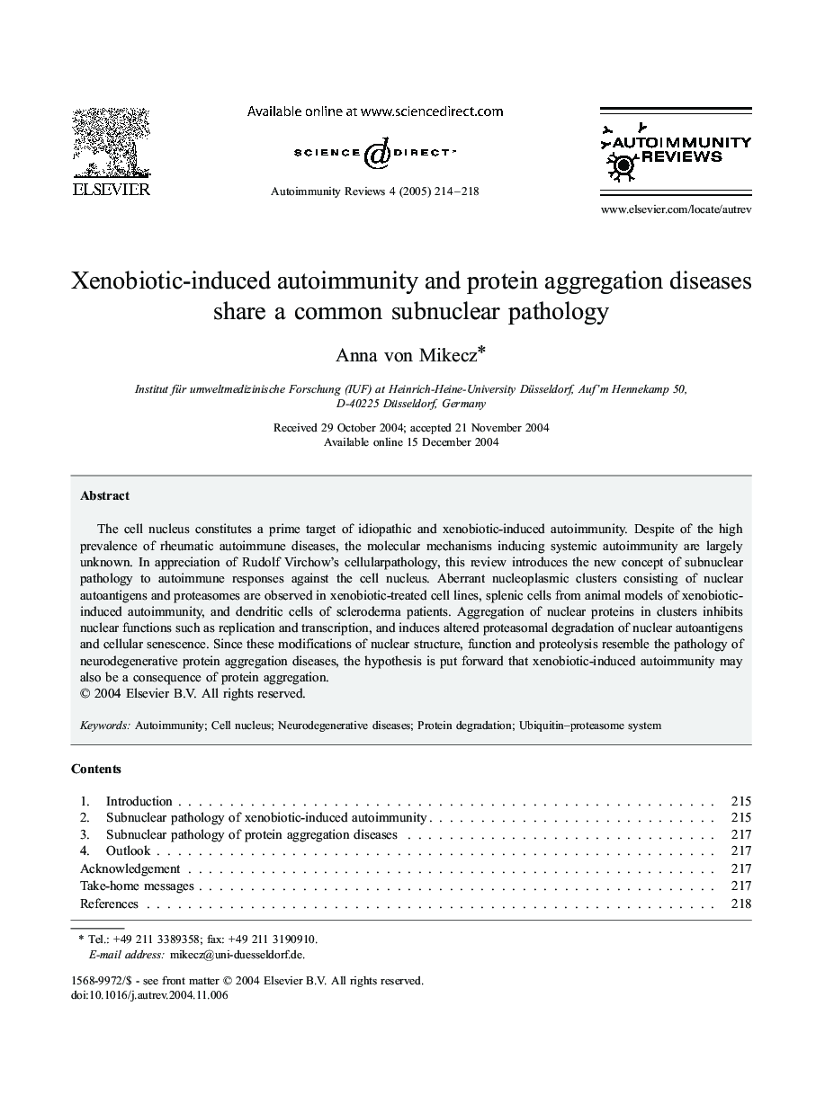 Xenobiotic-induced autoimmunity and protein aggregation diseases share a common subnuclear pathology