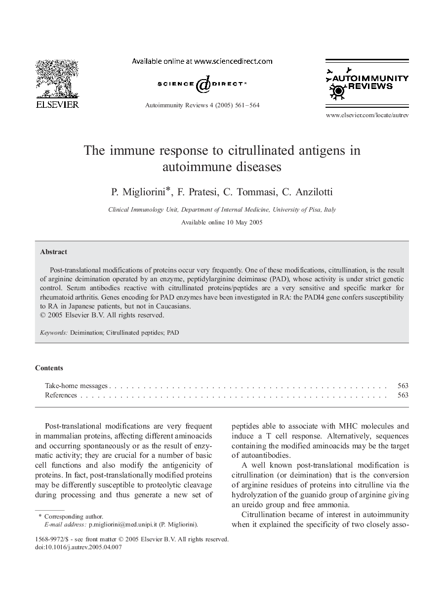 The immune response to citrullinated antigens in autoimmune diseases