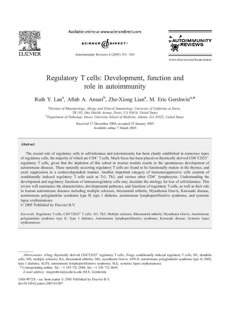 Regulatory T cells: Development, function and role in autoimmunity