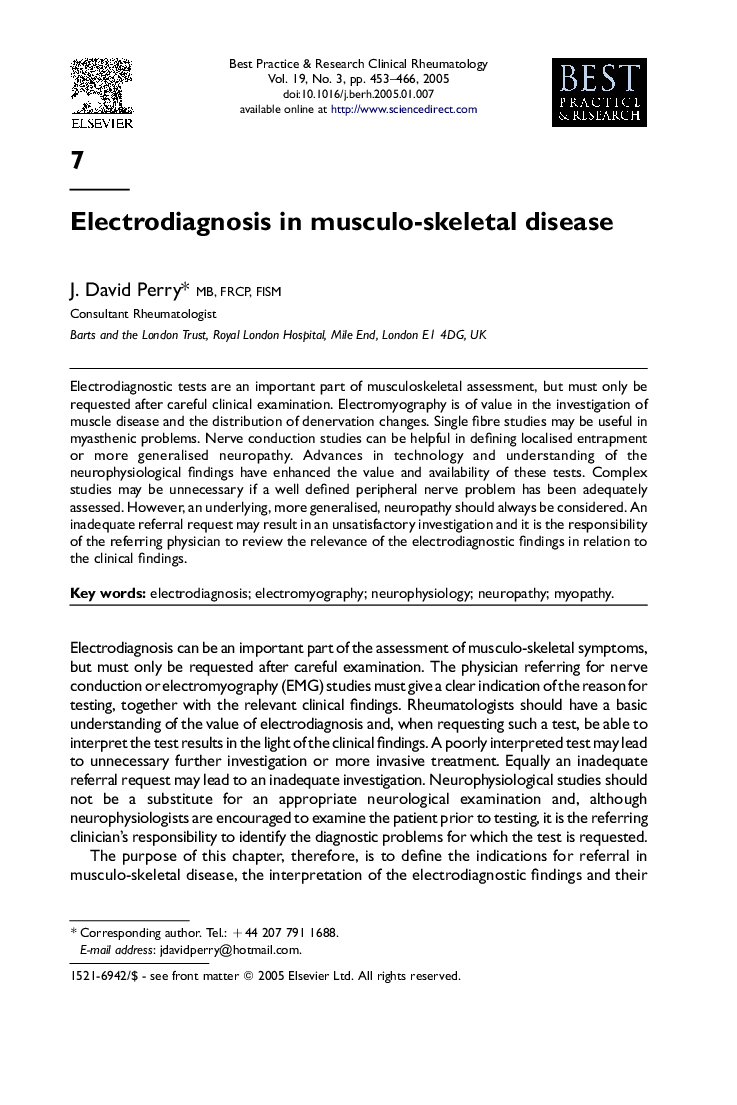 Electrodiagnosis in musculo-skeletal disease