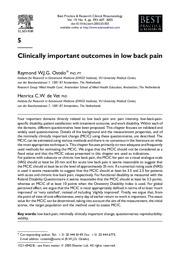 Clinically important outcomes in low back pain