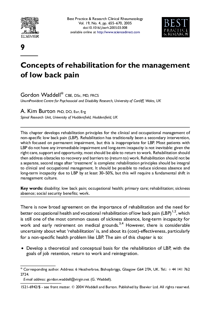 Concepts of rehabilitation for the management of low back pain