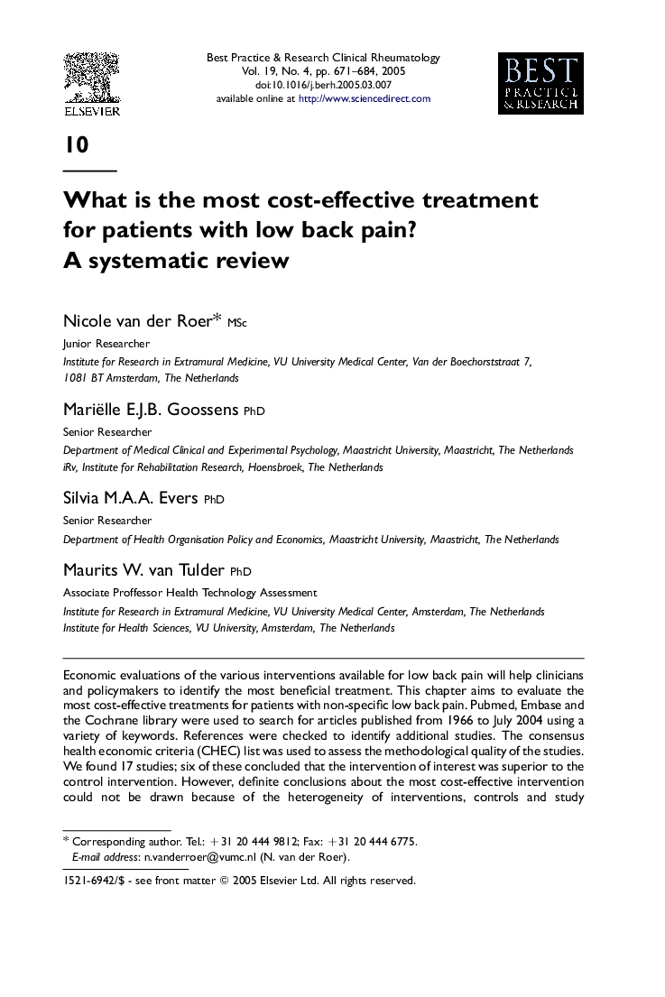 What is the most cost-effective treatment for patients with low back pain? A systematic review
