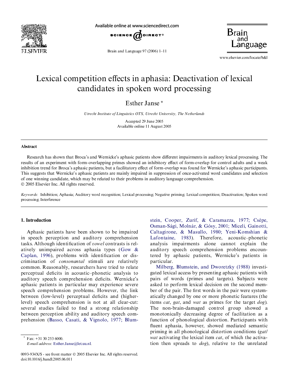 Lexical competition effects in aphasia: Deactivation of lexical candidates in spoken word processing