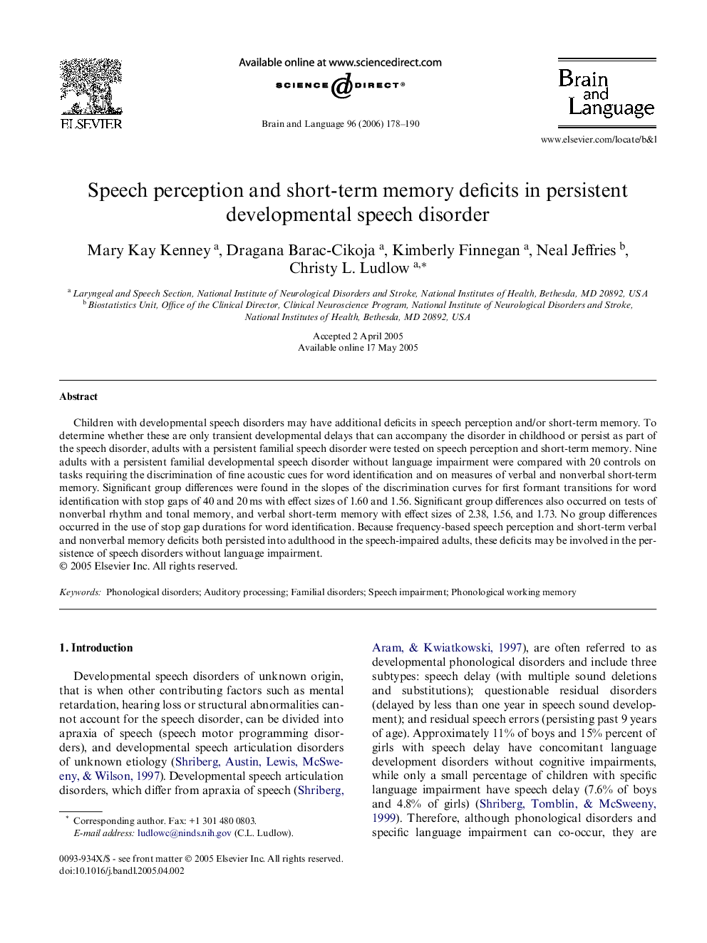 Speech perception and short-term memory deficits in persistent developmental speech disorder